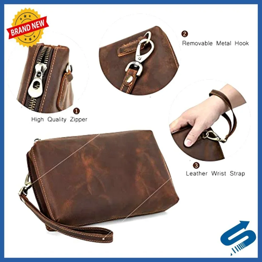 Leather Clutch Wallet for Men, RFID Blocking, Large Capacity Travel Organizer